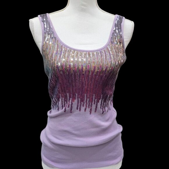 Express Purple Sequin Tank Top S – Scoop Neck Ribbed Stretch NWOT Twilight Glam - Picture 7 of 9